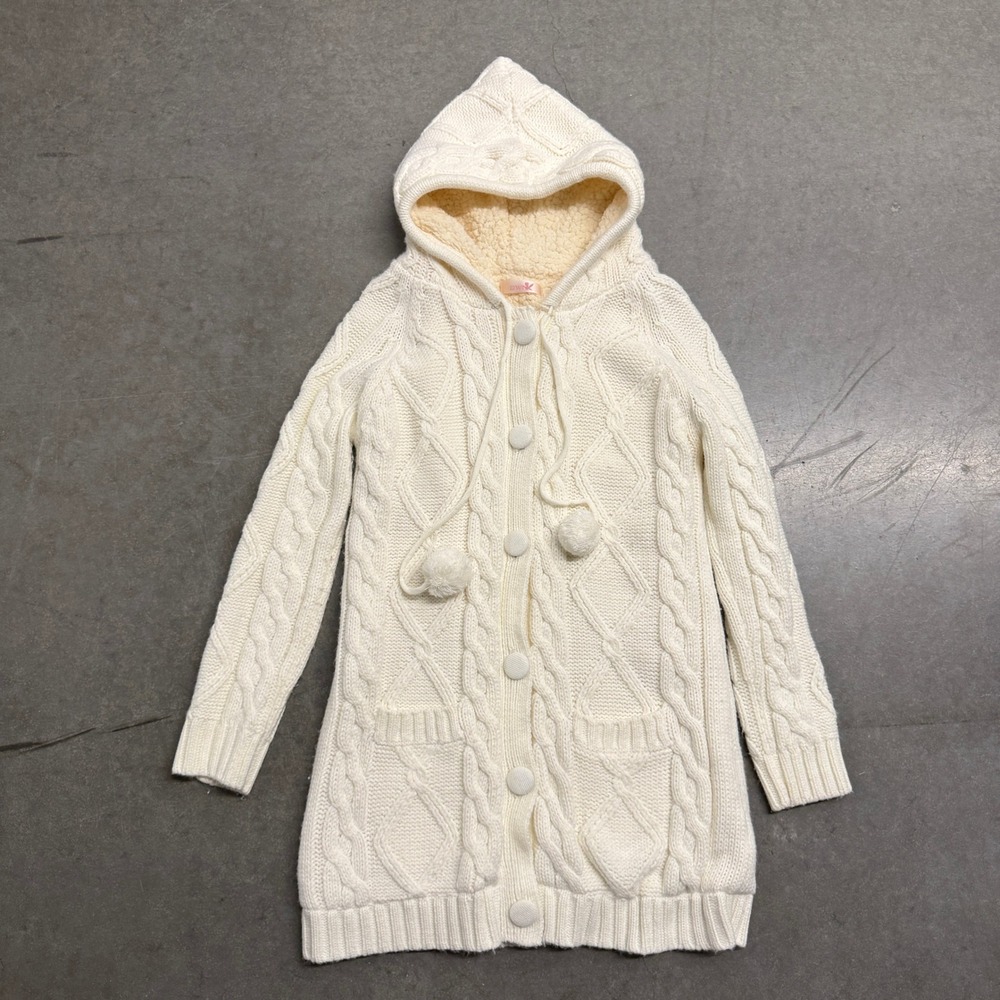 DWN Cream Cable Knit Hooded Cardigan Sherpa Lined Longline Sweater Pom Poms